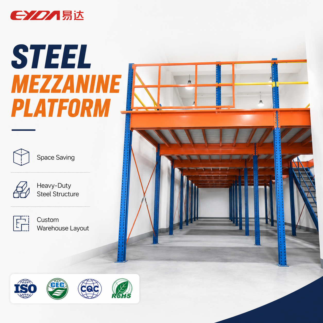 Heavy Duty Steel Mezzanine Floor Platform Storage Rack, Custom Warehouse Shelving System with Stairs for Industrial Storage