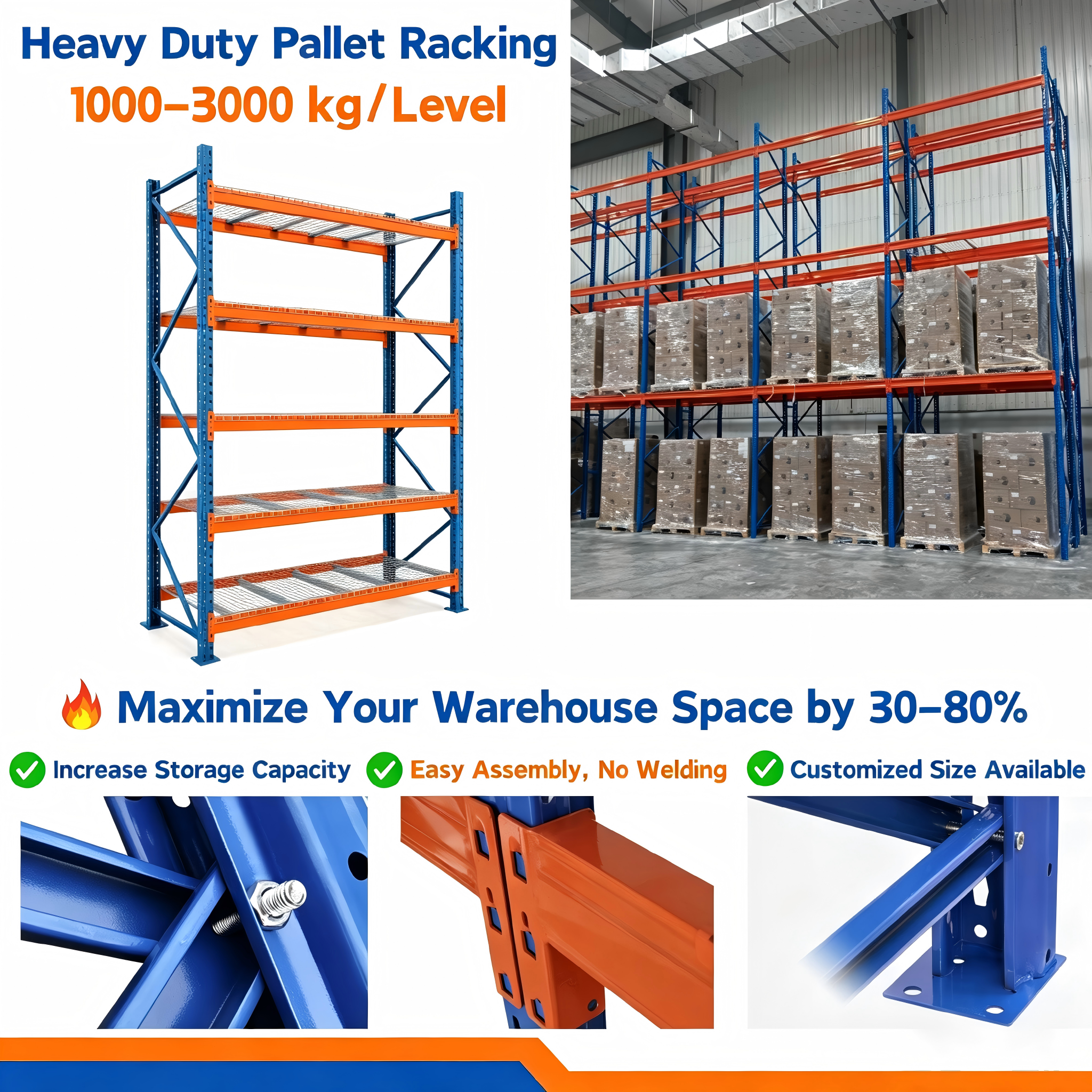 Custom 200kg 300kg 500kg Adjustable Pallet Racks Steel Heavy Duty Shelf Long Span Warehouse Shelving for E-commerce Storage