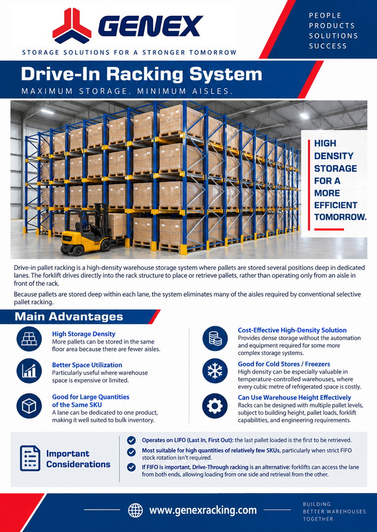 Industrial drive-in racking lane with guide rails