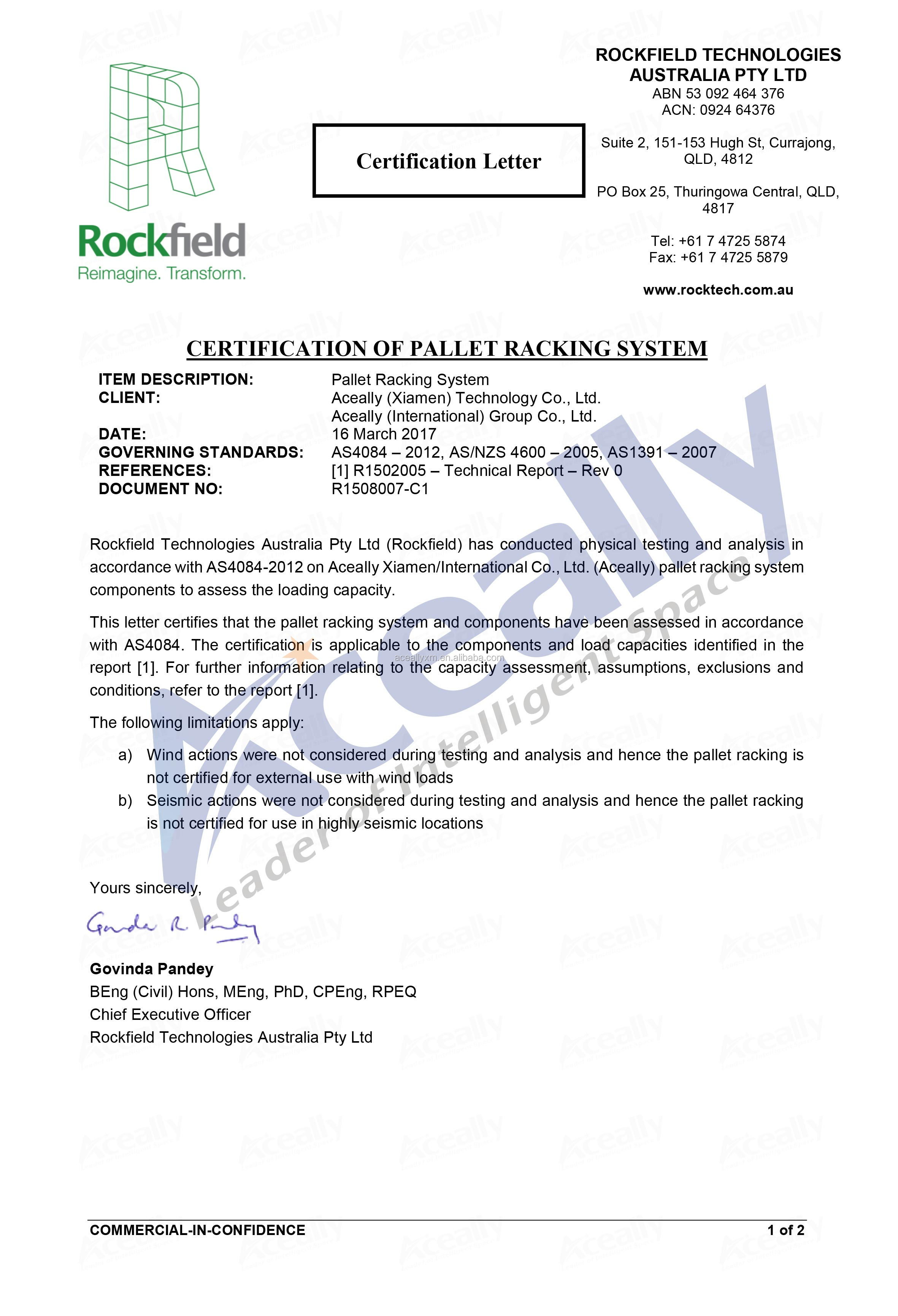 AS4084 Certificate for Warehouse Rack